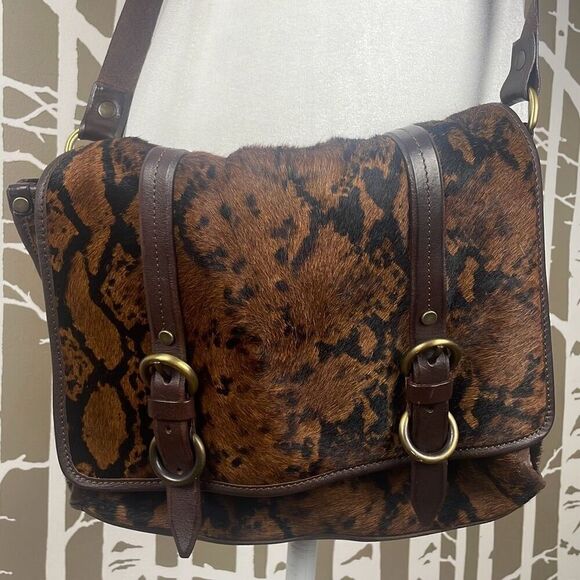 Italian Leather Hair On Hide Cow Print Satchel Chocolate Brown - Picture 1 of 13